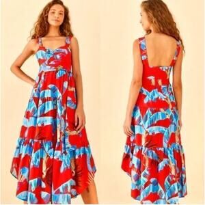 FARM Rio Red and Blue Tropical Midi Dress
